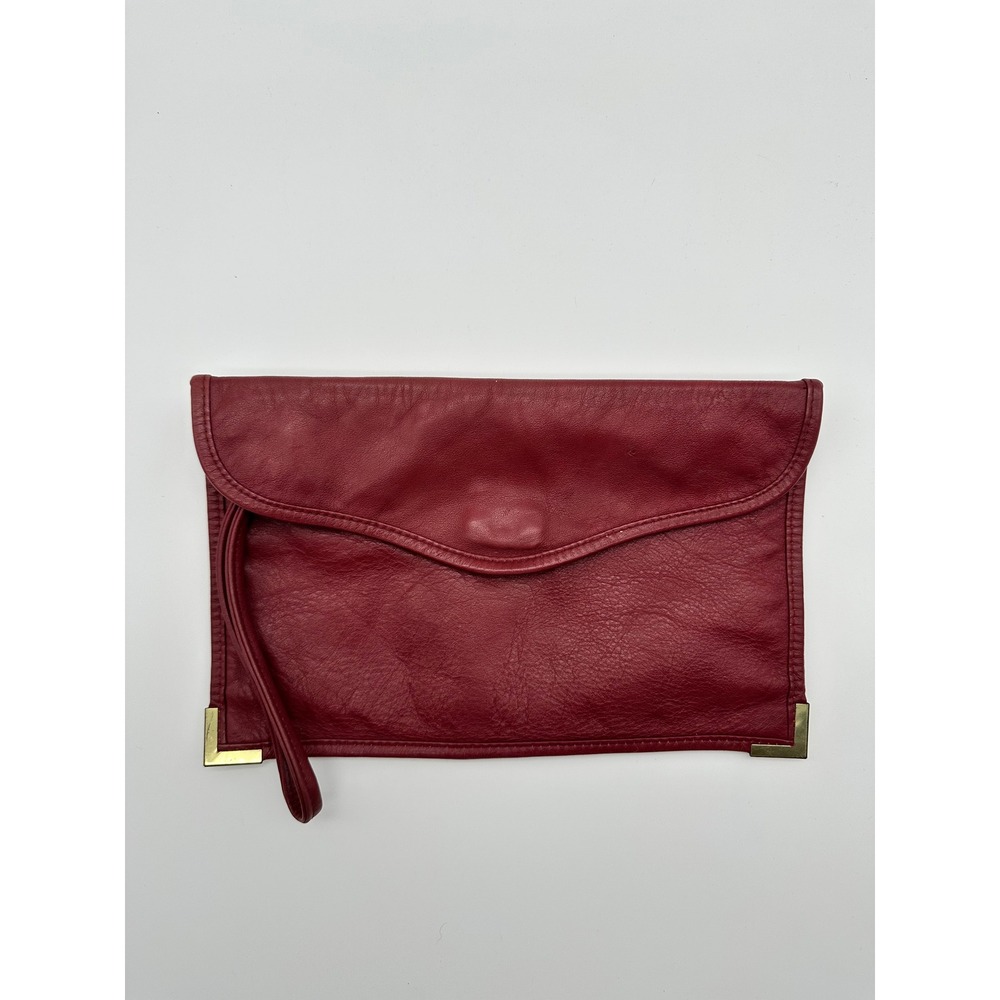 Vintage Burgundy Leather Envelope Clutch Bag Gold Corner Wristlet Dark Red 11x7